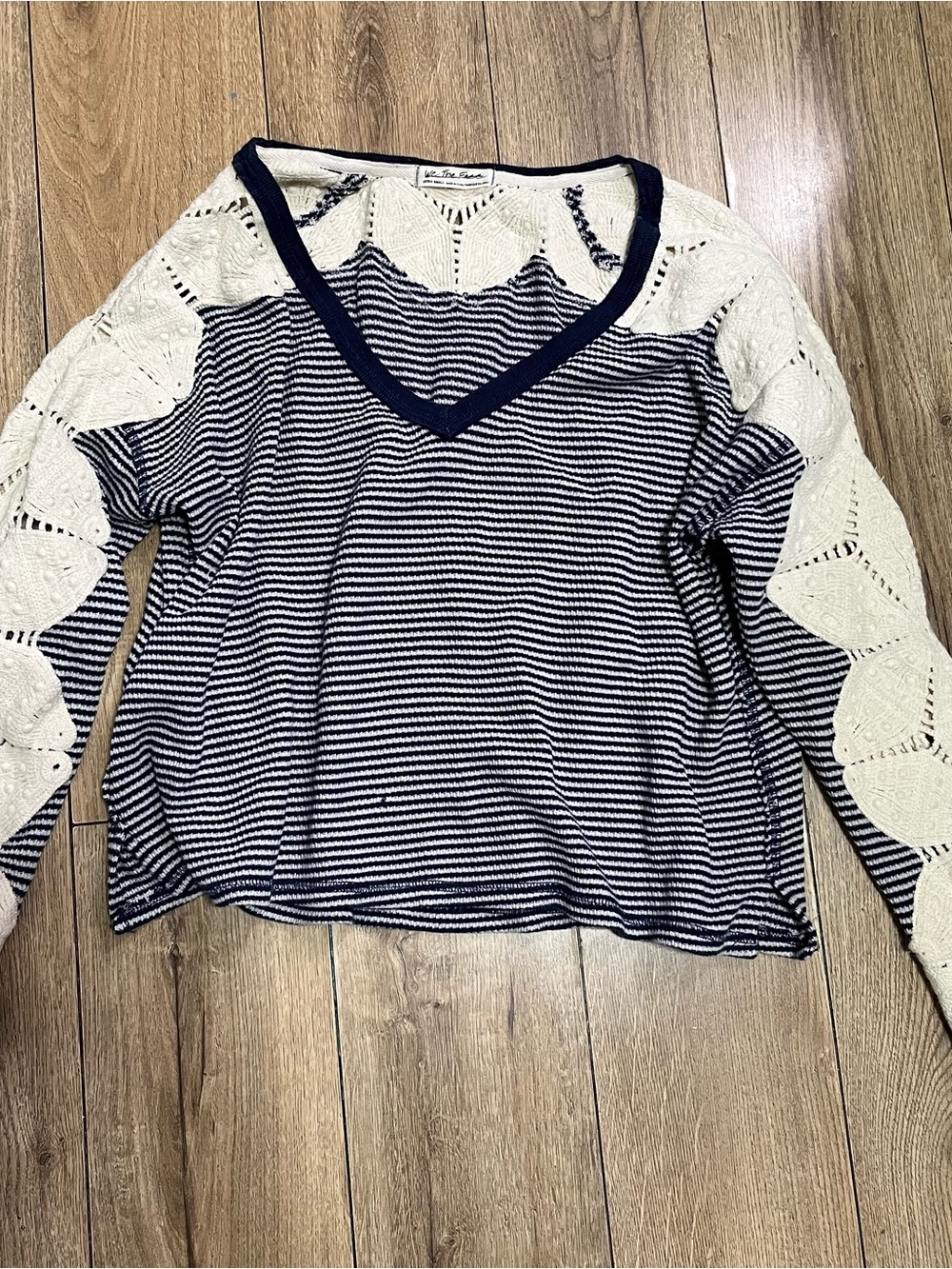 We The Free Navy and Cream Striped V-Neck Sweater with Lace Sleeves